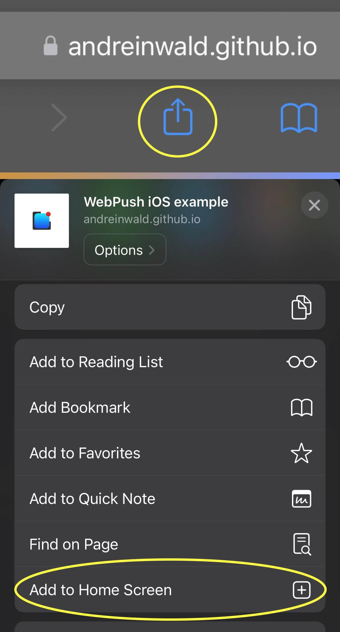 webpush add to some screen