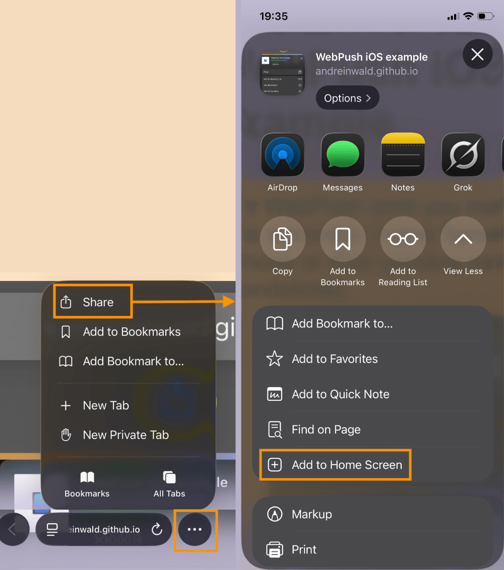 webpush add to some screen